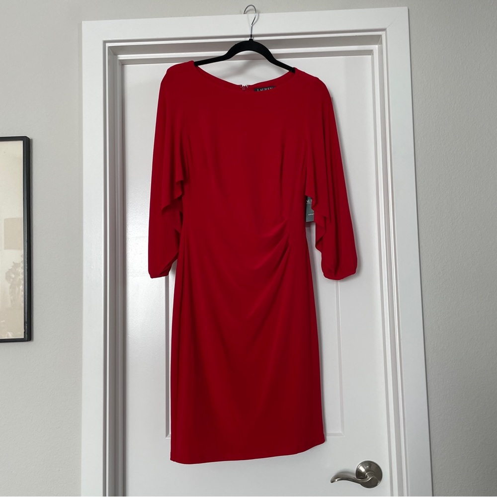 NWT red Lauren Ralph Lauren flutter cape sleeve dress knee length
